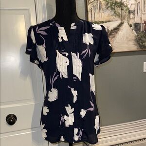 Ann Taylor Factory Navy and White Floral Blouse